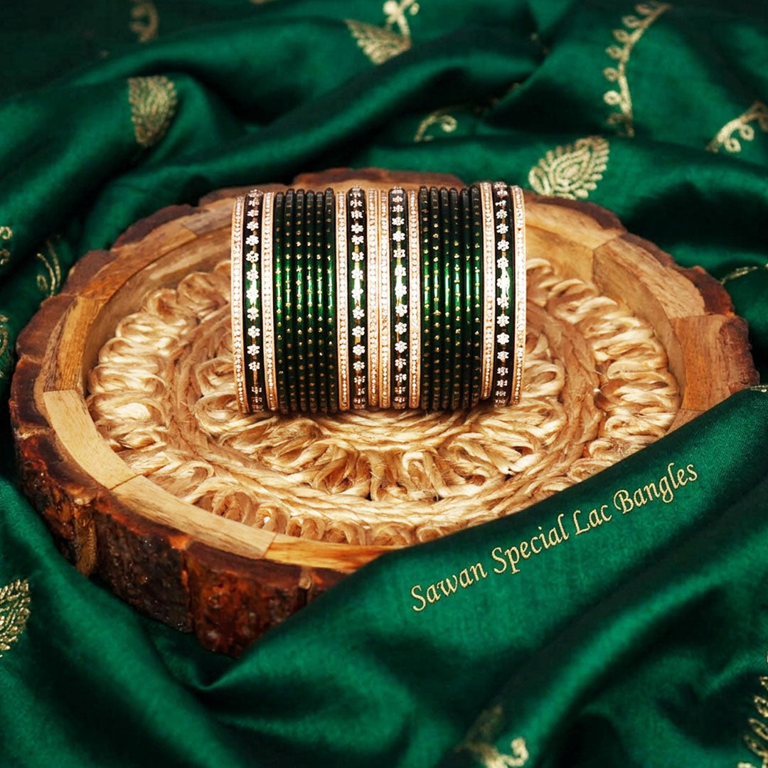 Handmade Green Lac Bangles Set for Women with Rhinestone Design | Traditional Sawan & Teej Bangles by TAJ BRIDAL STORE