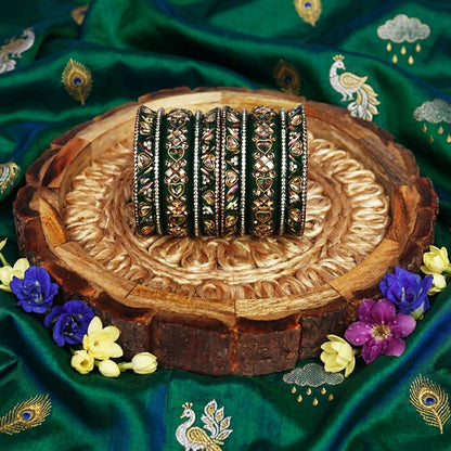 Premium Royal Rajasthani Green Lac Bangles for women with antique Kundan detailing and sparkling rhinestones, handcrafted in Rajasthan by TAJ BRIDAL STORE