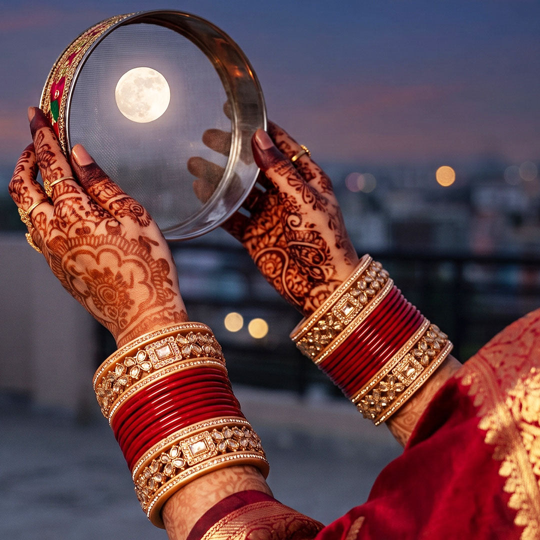 Karwa Chauth red lac bangles with AD stones and Kundan design