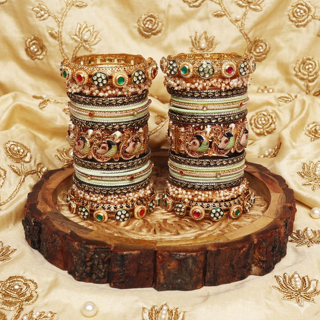 Luxury Rajwadi Bridal Bangles Set for Women with Peacock Motifs Metal Kada by TAJ BRIDAL STORE