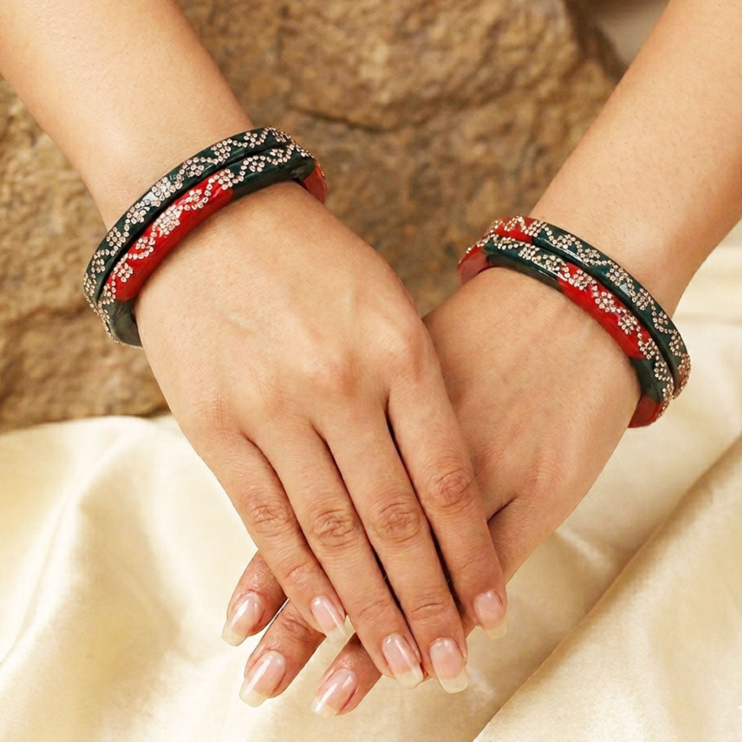 Pure Lac Red Green Hexagon Bangles with Stone Work | Designer Handmade Bridal Bangles for Women