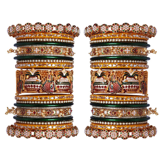 Royal Rajwadi bridal bangles set with handmade meenakari kalasha design in antique gold for Indian wedding brides