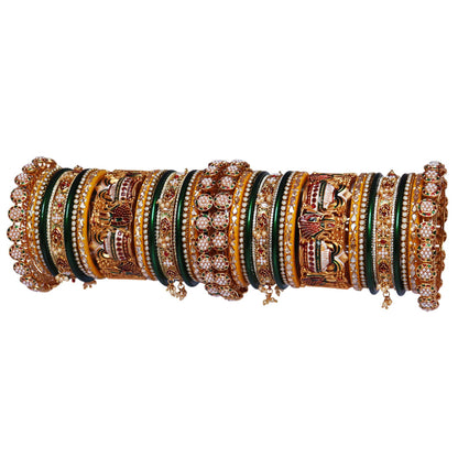 Royal Rajwadi bridal bangles set with handmade meenakari kalasha design in antique gold for Indian wedding brides