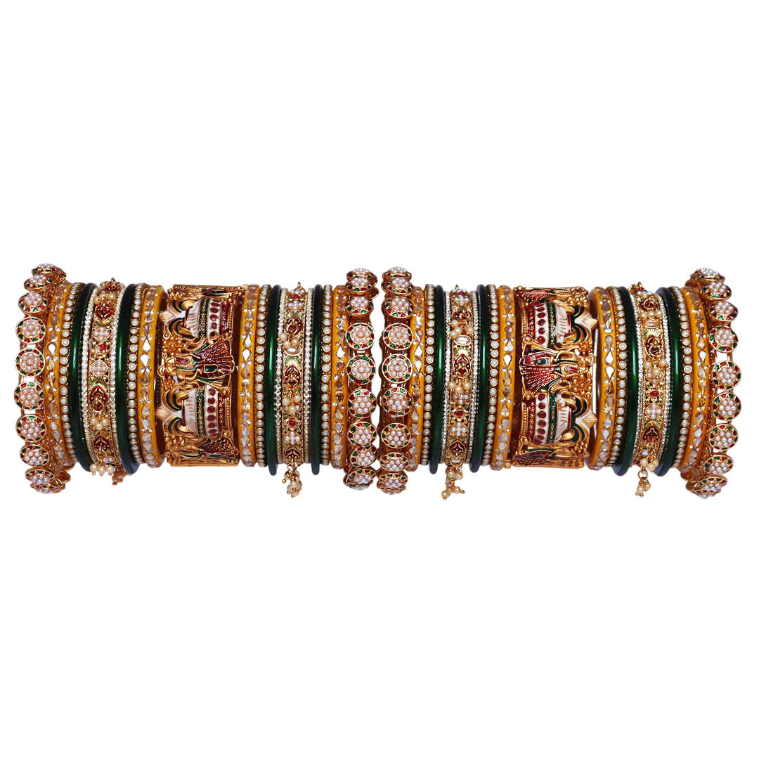 Royal Rajwadi bridal bangles set with handmade meenakari kalasha design in antique gold for Indian wedding brides