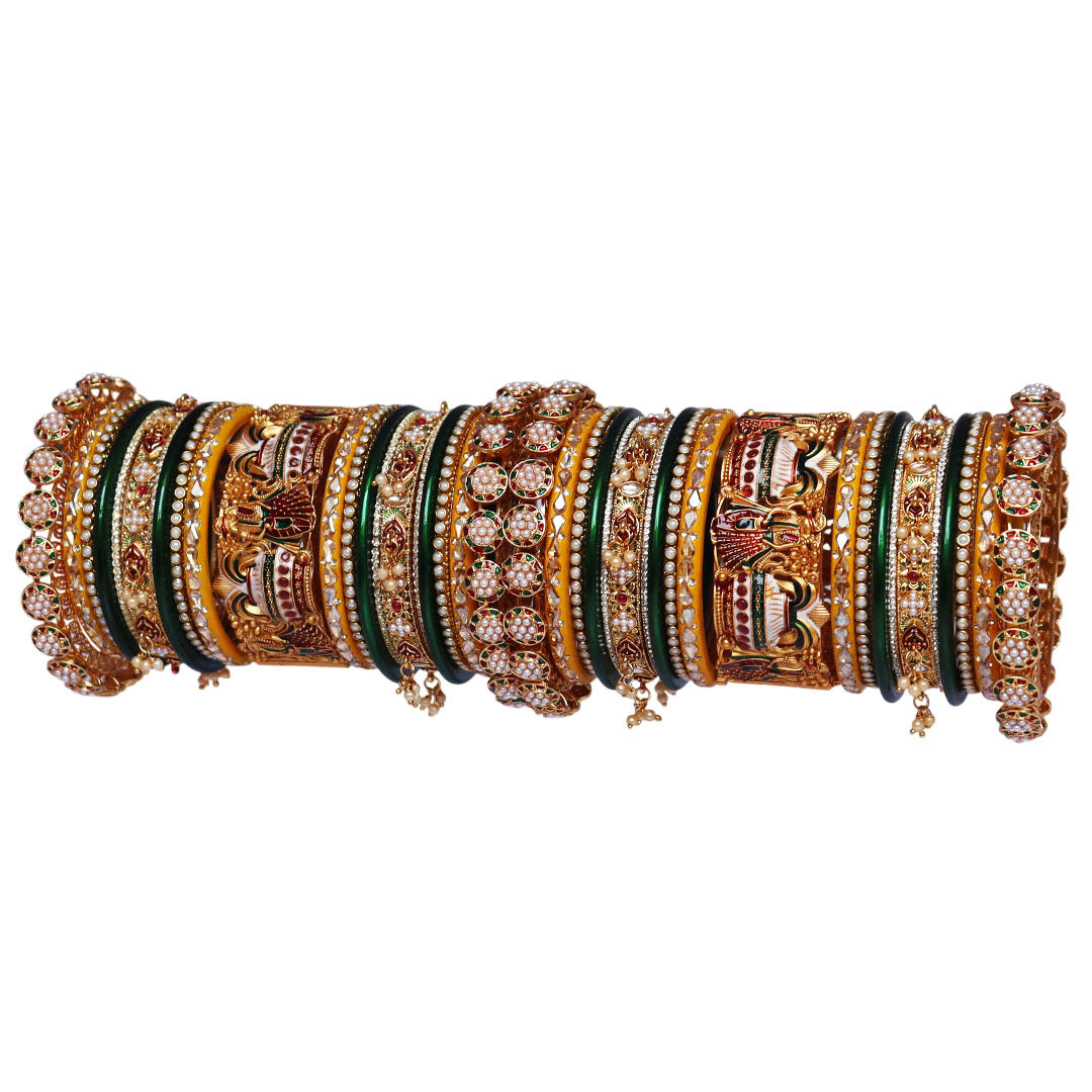 Royal Rajwadi bridal bangles set with handmade meenakari kalasha design in antique gold for Indian wedding brides