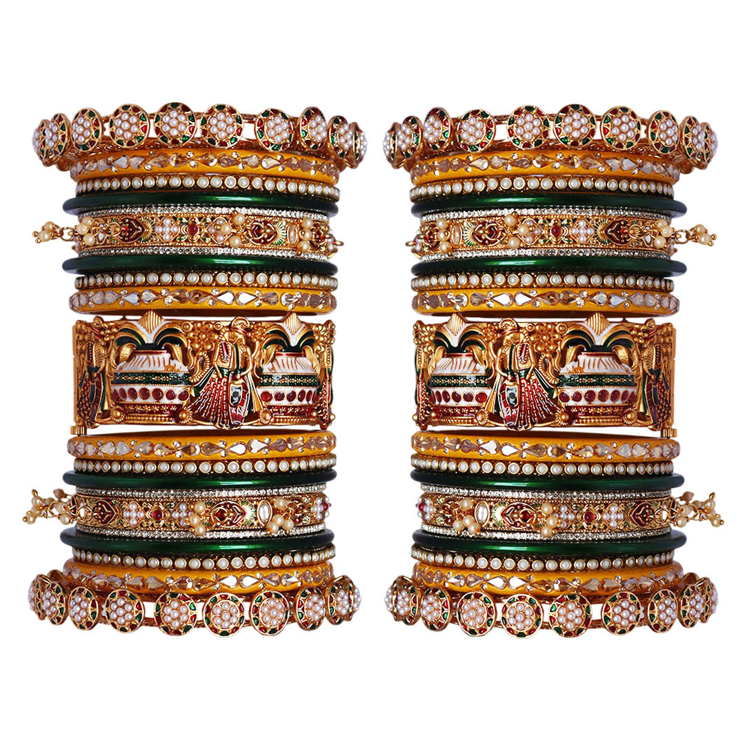 Royal Rajwadi bridal bangles set with handmade meenakari kalasha design in antique gold for Indian wedding brides