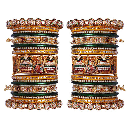 Royal Rajwadi bridal bangles set with handmade meenakari kalasha design in antique gold for Indian wedding brides