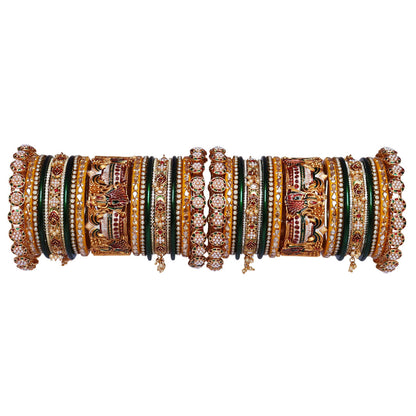 Royal Rajwadi bridal bangles set with handmade meenakari kalasha design in antique gold for Indian wedding brides