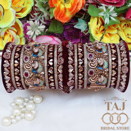 Metal Kundan Design Wedding Bangles Set With Beautiful Peacock Design Kada