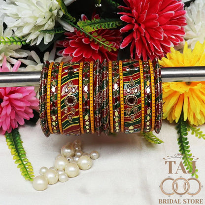 Lac Bangles with Intricate Kundan & Mirror Work (Set of 18)