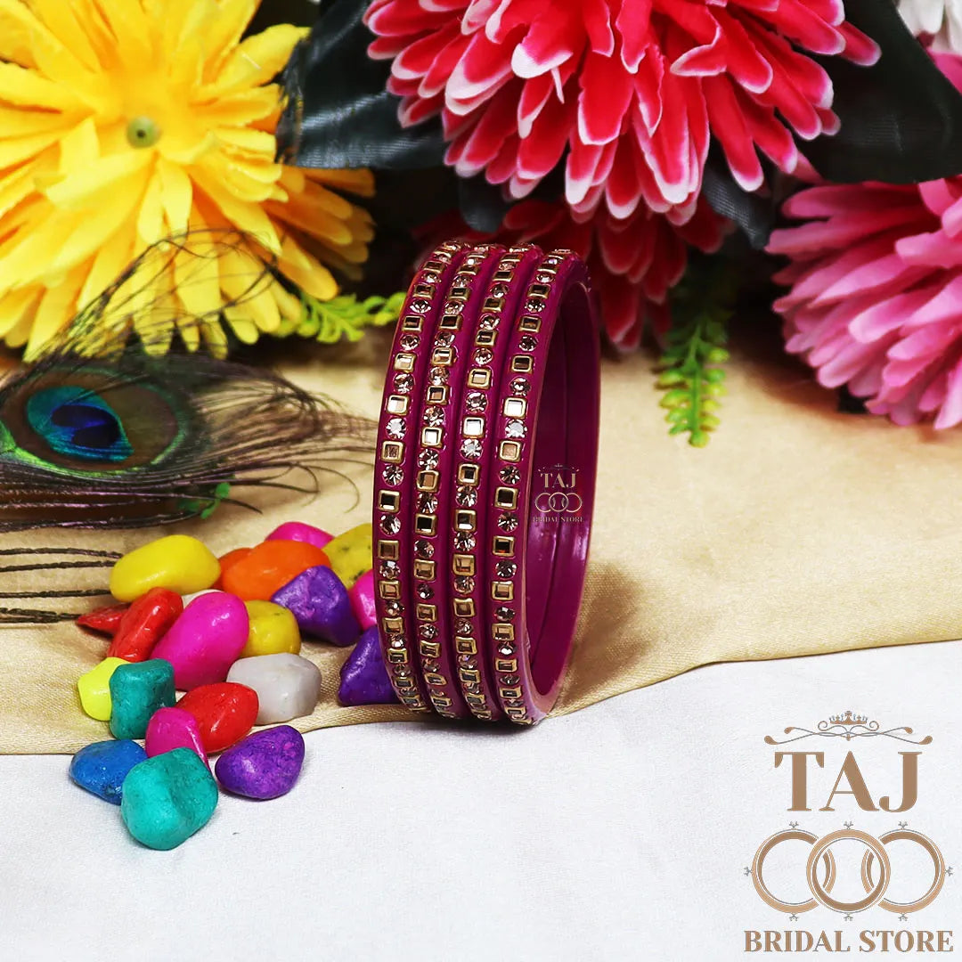 Vibrant Lac Bangle Set with Kundan and Rhinestones (Set of 4)