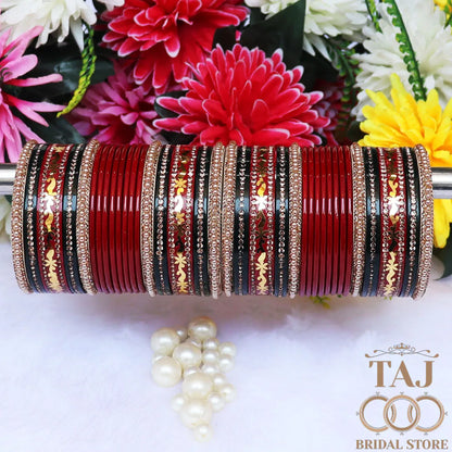 Karwa Chauth Special Red and Green Bangle Set with Golden Lace Design