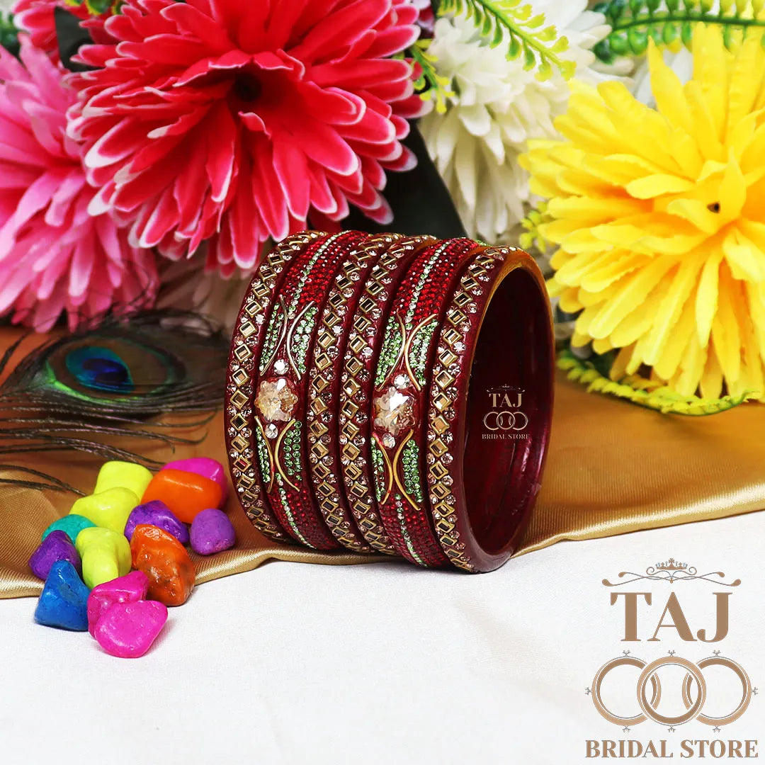 Handmade Lac Bangles with Best Kundan and Rhinestons Design (Set of 6)