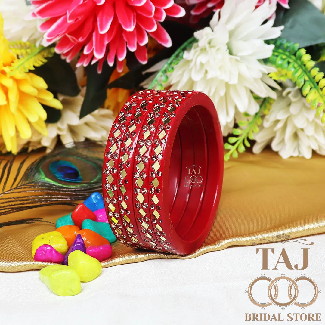 Rajasthani Lac Bangles with Mirror and Stone Embellishments (Set of 4)