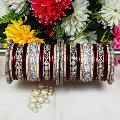 Traditional Rajasthani Bangle Set with Silver Rhinestones and Kundan