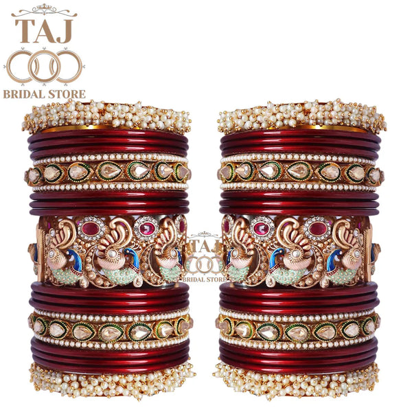 Rajasthani Traditional Bridal Chuda Set With Beautiful Peacock Design Brass Kada
