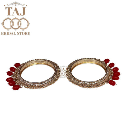 Designer Metal Kada Set With Beautiful Red Moti Latkan Design (Set of 2)