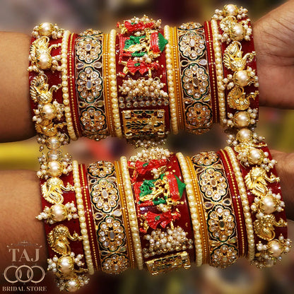 Royal Red Bridal Chura Set with Doli and Peacock Motifs