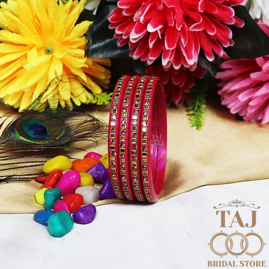 Vibrant Lac Bangle Set with Kundan and Rhinestones (Set of 4)