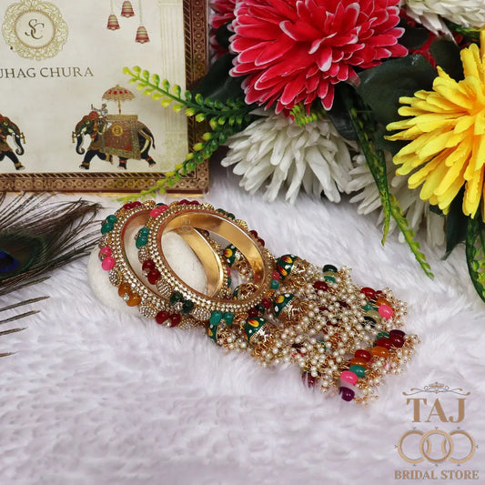 Rajwadi Style Gold Plated Bangles With Traditional Multicolor Hangings