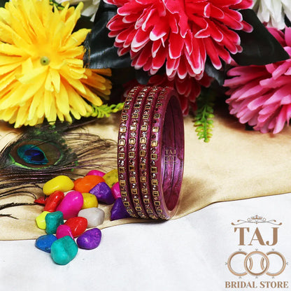 Vibrant Lac Bangle Set with Kundan and Rhinestones (Set of 4)