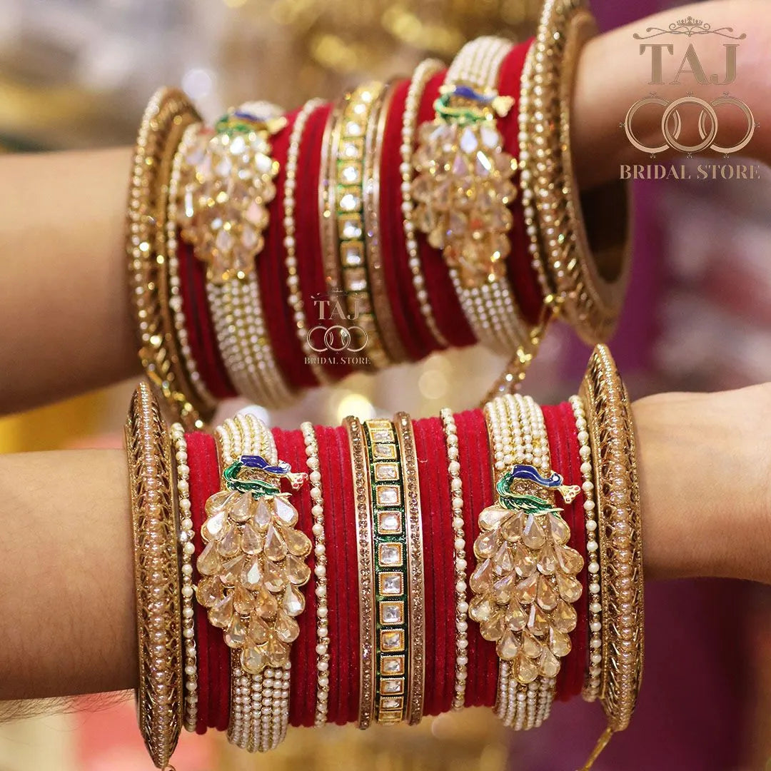 Rajwadi Wedding Bangle Set with Beautiful Peacock Design Taj Bridal Store