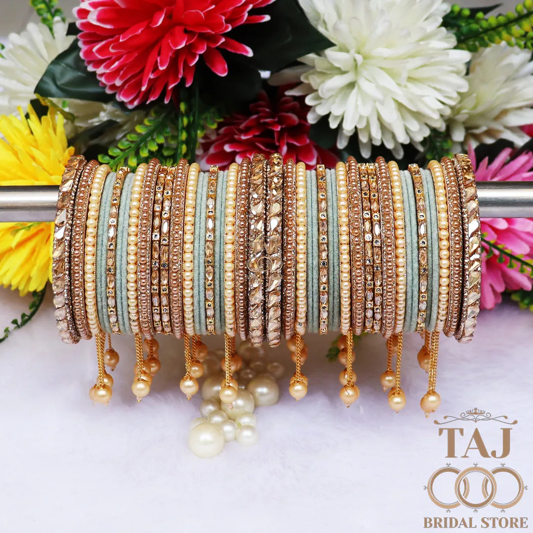 Wedding Bangle Set in Kundan and Pearl Design with Charming Latkan