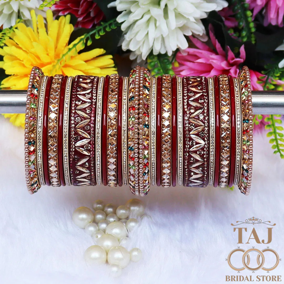 Handmade Bridal Bangle Set with Rhinestones and Kundan Design