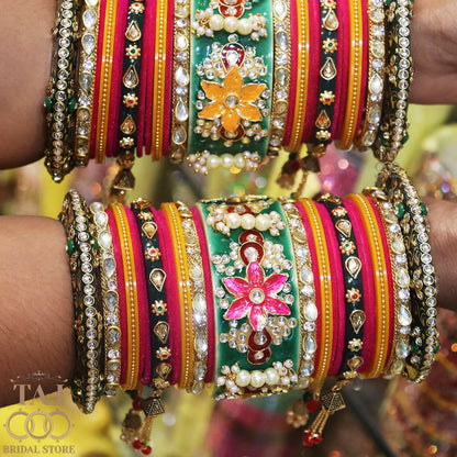 Vibrant Rajwadi Bangle Set with Colorful Flowers and Kundan