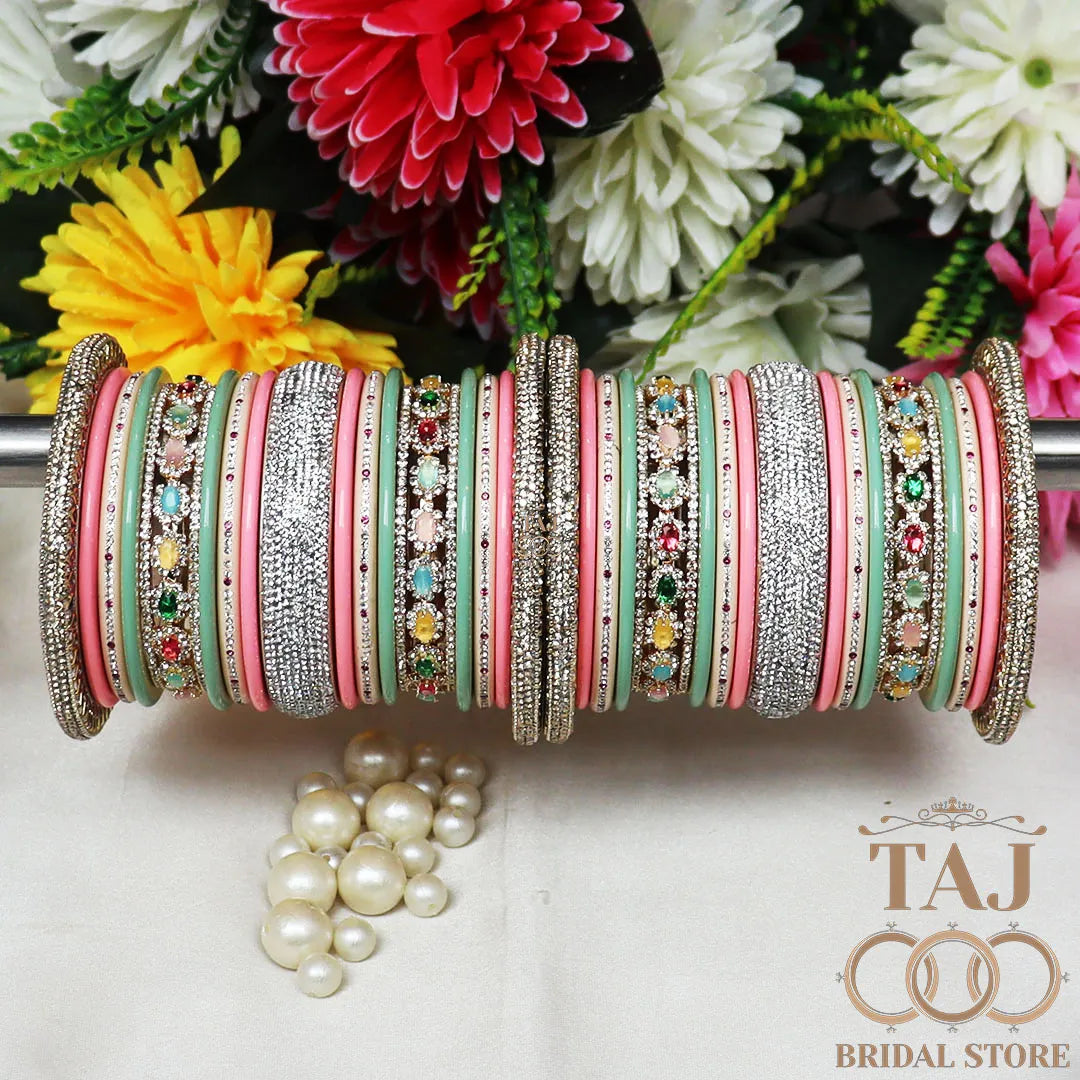 Traditional Rajasthani Bangle Set with Silver Rhinestones and Kundan