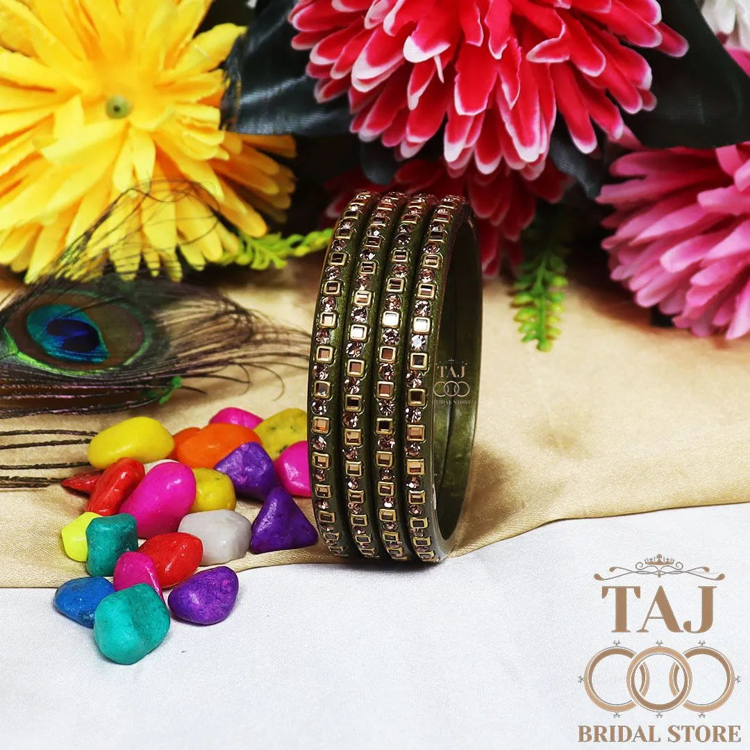 Vibrant Lac Bangle Set with Kundan and Rhinestones (Set of 4)