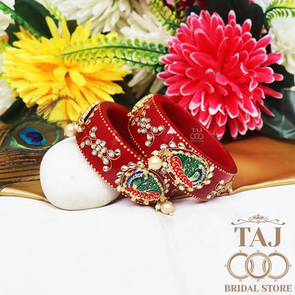 Karwa Chauth Special Red Kada Set with Peacock & Kundan (Set of 2)