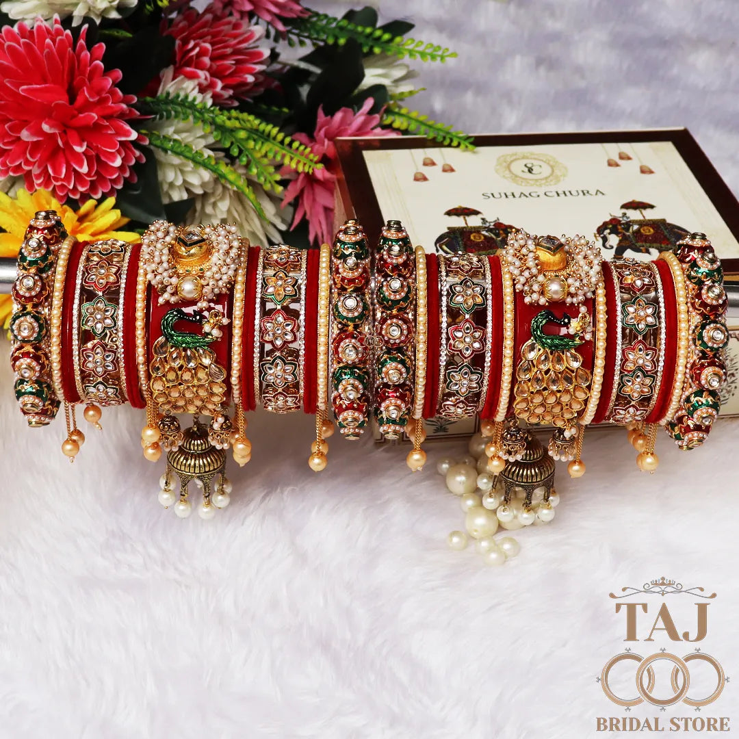 Luxurious Rajwadi Wedding Bangles Set with Beautiful Peacock & Jhoomer