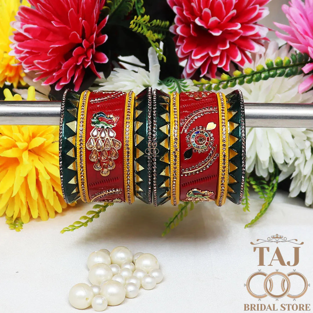 Red and Green Peacock Bangles for Weddings (Set of 10)