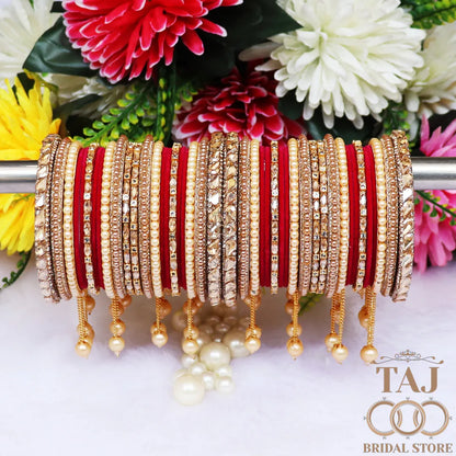 Wedding Bangle Set in Kundan and Pearl Design with Charming Latkan