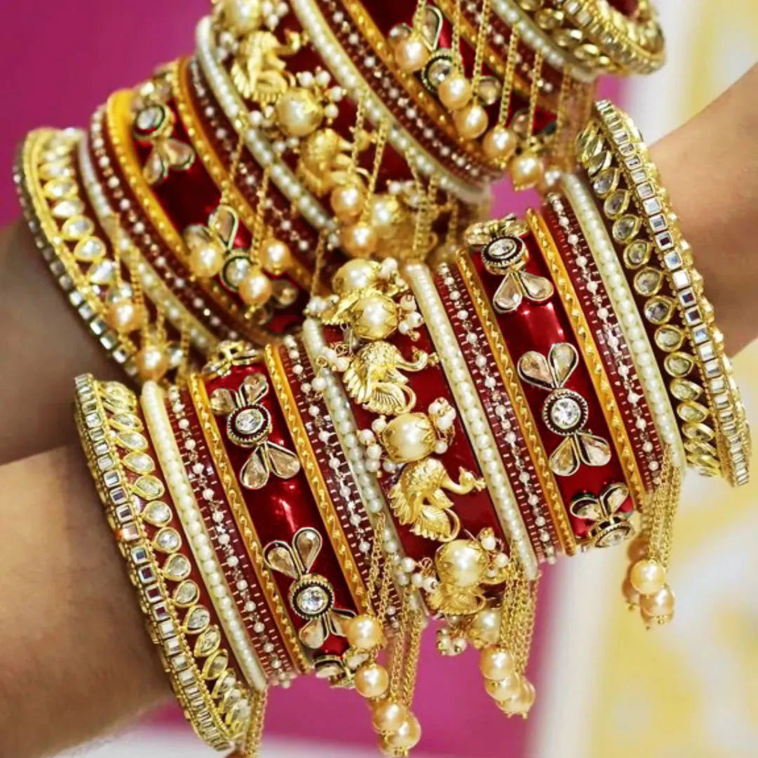 Rajwadi Bangle Set with Beautiful Peacock and Moti Latkan