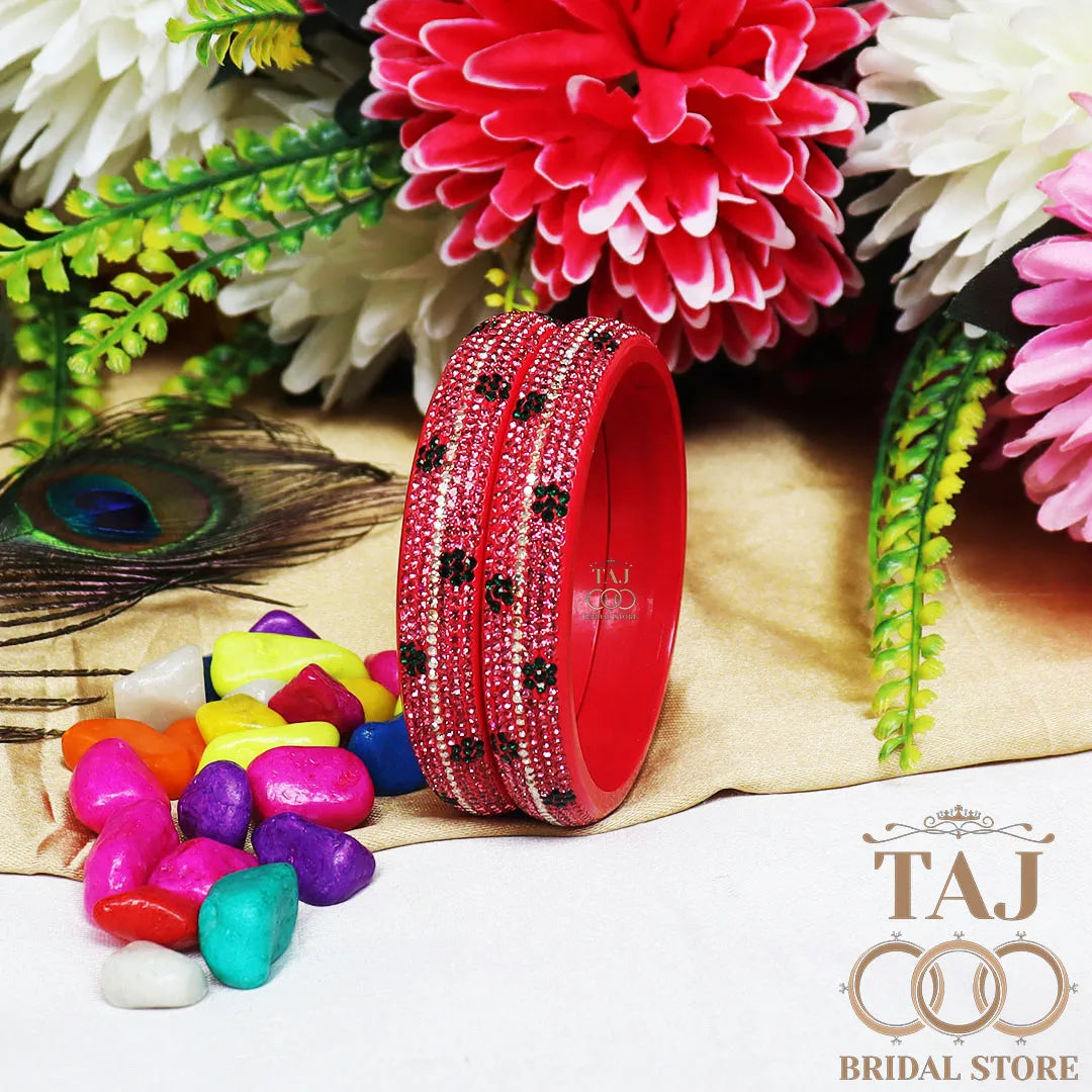 Elegant Lac Kada Bangles with Rhinestone Flowers (Set of 2)