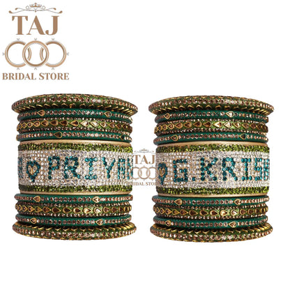 Couple Name Lac Bangles Set for Bride With Beautiful Kundan Design