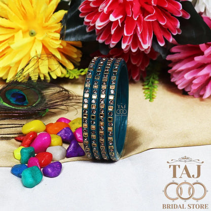 Vibrant Lac Bangle Set with Kundan and Rhinestones (Set of 4)