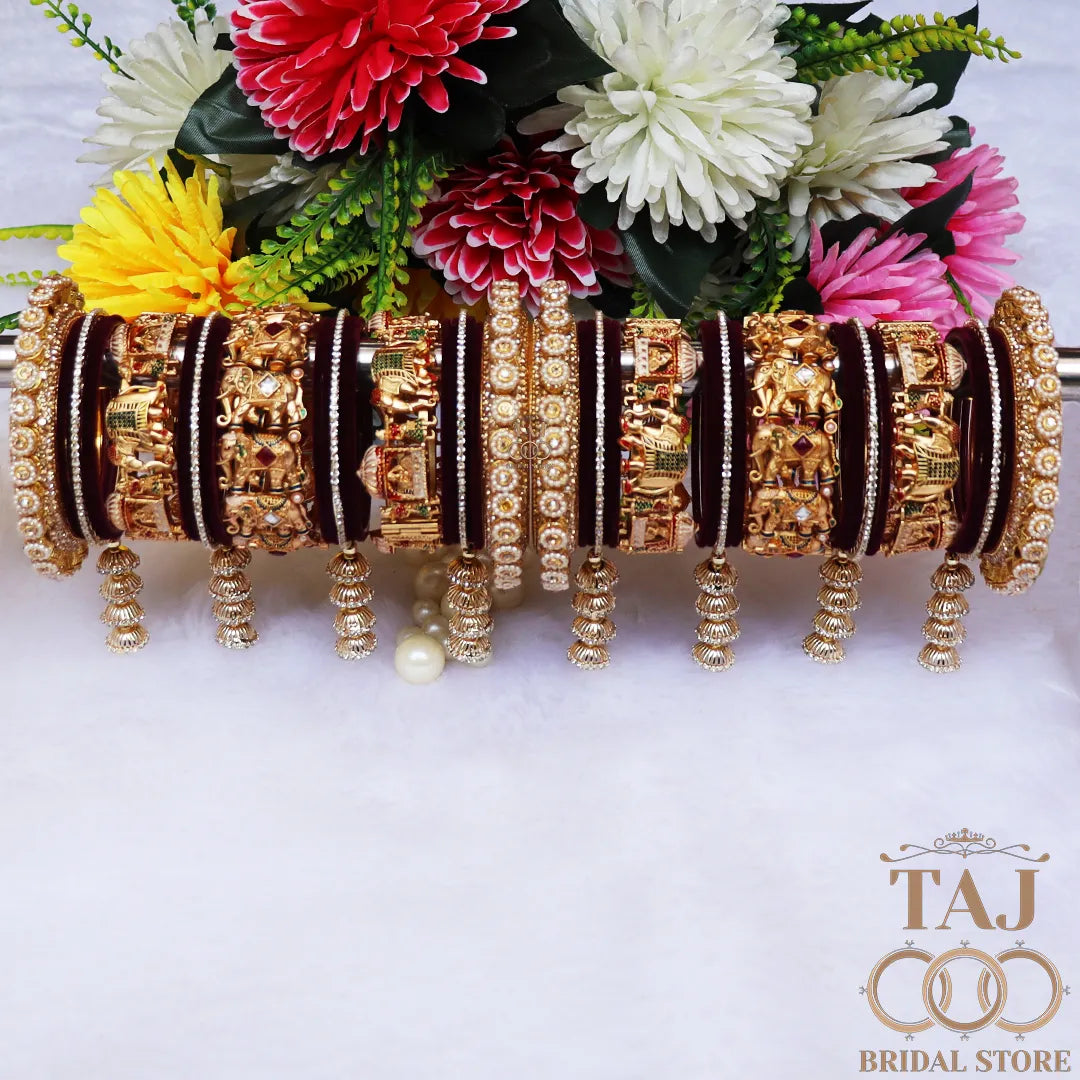 Heavy Bridal Bangle Set with Elephant Motifs and Latkan