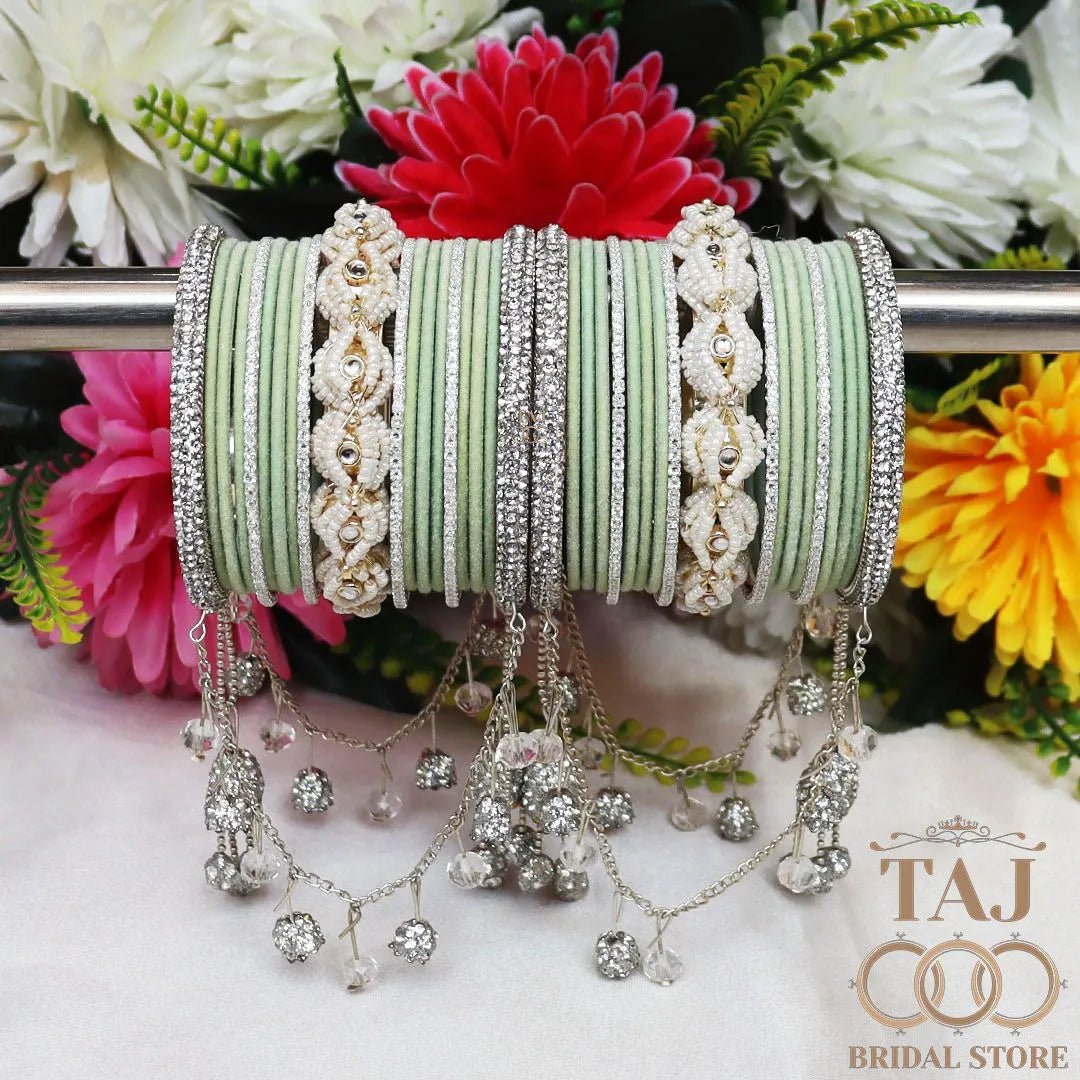 Karwa Chauth Special Bangle Set with Silver Tassels & Stones