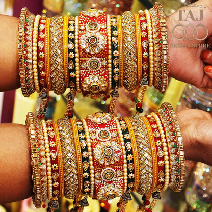 Rajasthani Kundan Wedding Bangles Set With Best Flower And Chain Latkan Design