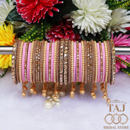 Wedding Bangle Set in Kundan and Pearl Design with Charming Latkan