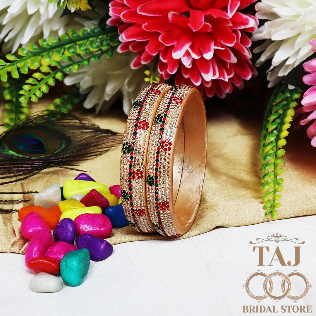 Elegant Lac Kada Bangles with Rhinestone Flowers (Set of 2)