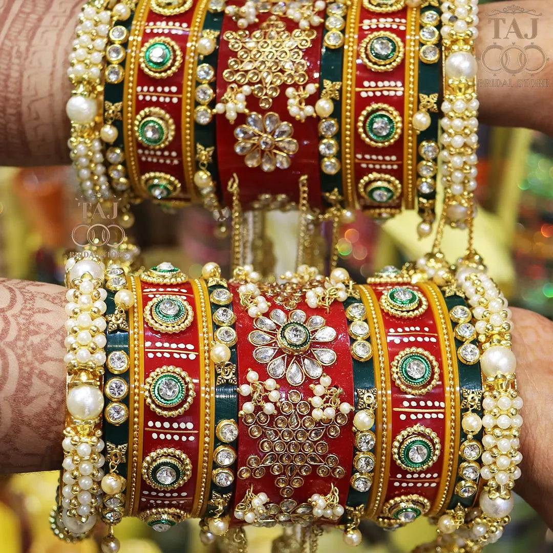 Rajasthani Traditional Bridal Chura Set With Beautiful Kundan and Latkan Design Kada