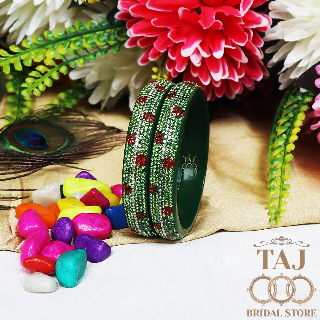 Elegant Lac Kada Bangles with Rhinestone Flowers (Set of 2)