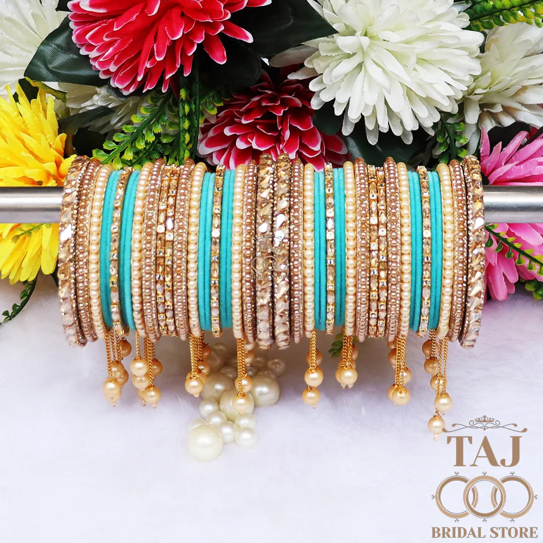 Wedding Bangle Set in Kundan and Pearl Design with Charming Latkan