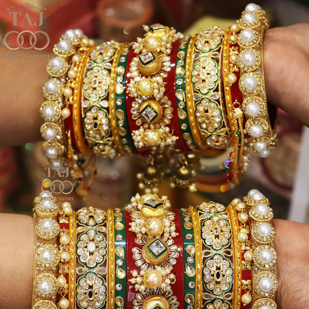 Rajwadi Bridal Chura Set With Beautiful Jhoomer and Kundan Design Kada