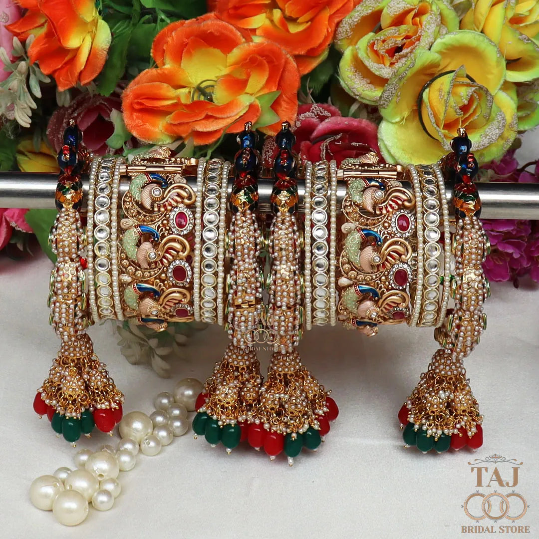 Royal Rajasthani Bangles Set for Bride with Beautiful New Peacock and Jhoomer Design