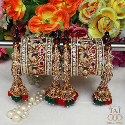 Royal Rajasthani Bangles Set for Bride with Beautiful New Peacock and Jhoomer Design Taj Bridal Store